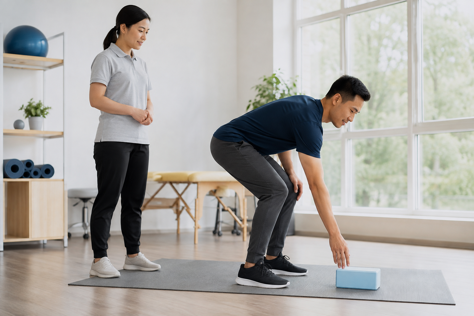 Thực hành gập hông và khuỵu gối nhẹ khi đưa tay xuống thấp