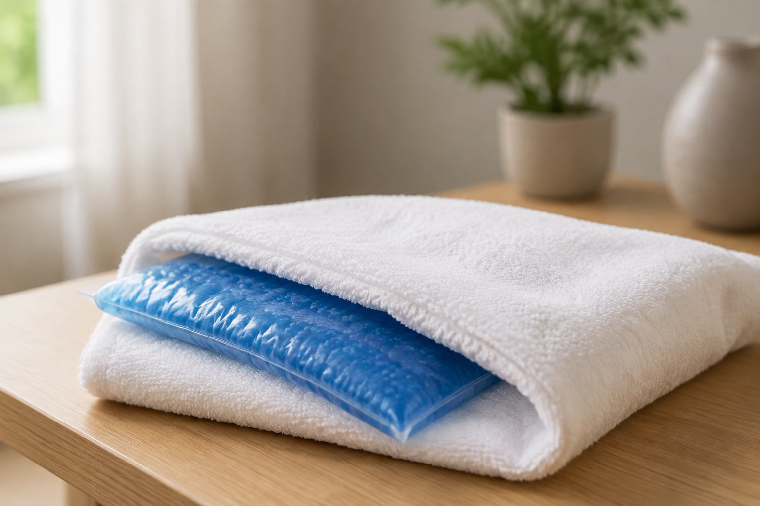 Túi gel lạnh được bọc trong khăn trước khi sử dụng