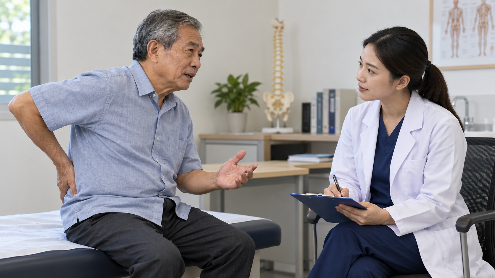 Người lớn tuổi trao đổi với nhân viên y tế về đau lưng