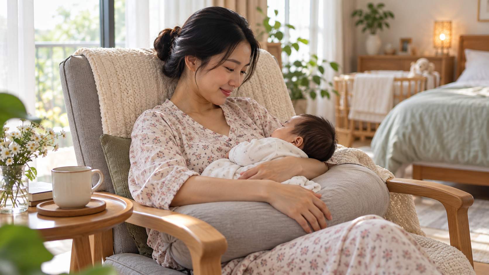 Người mẹ sau sinh bế em bé khi ngồi tựa lưng tại nhà