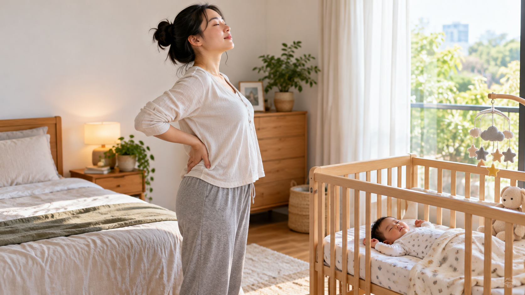 Người mẹ sau sinh đứng vận động nhẹ bên cũi em bé