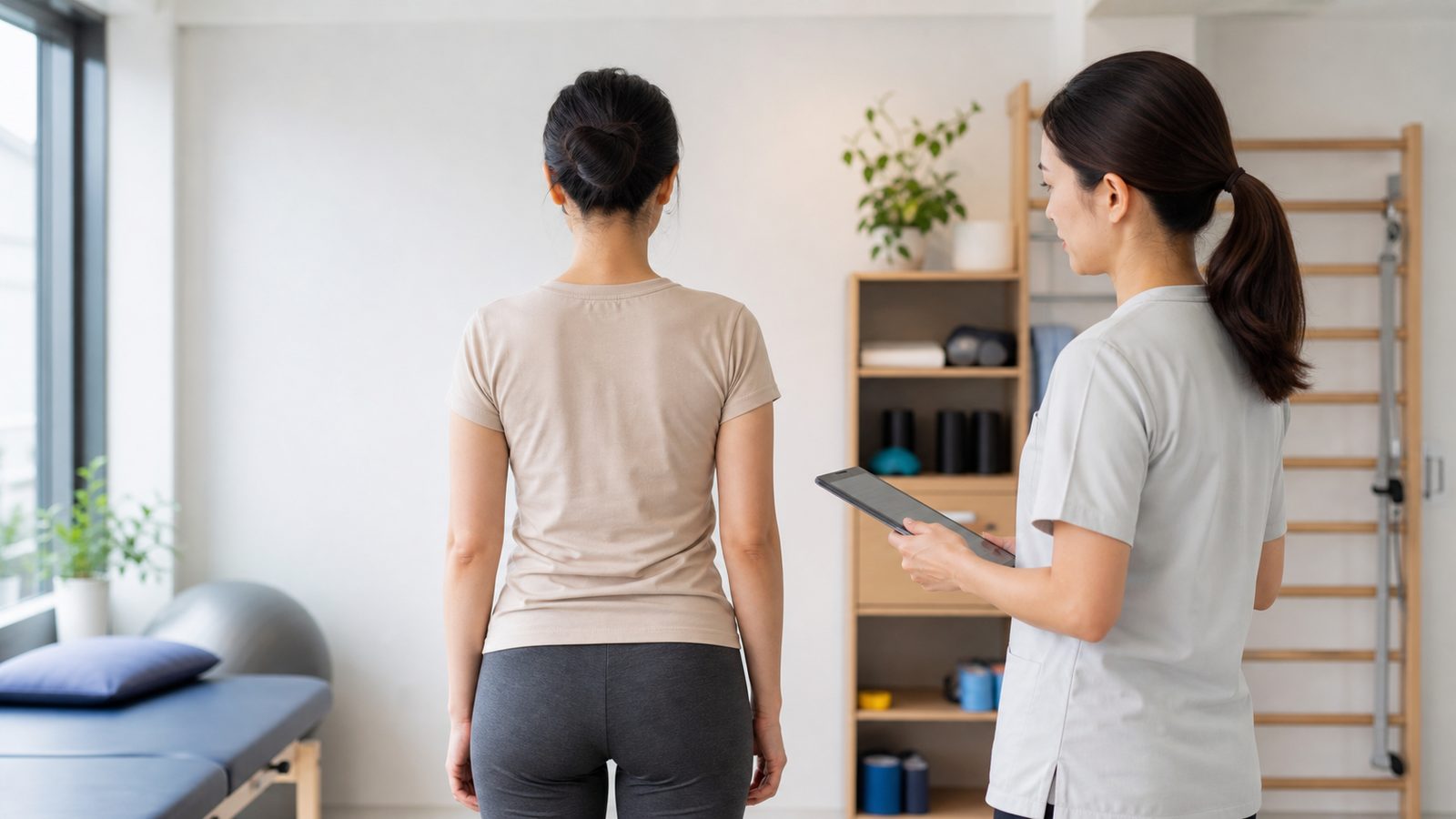Chuyên viên phục hồi đánh giá tư thế cho người có cong vẹo cột sống