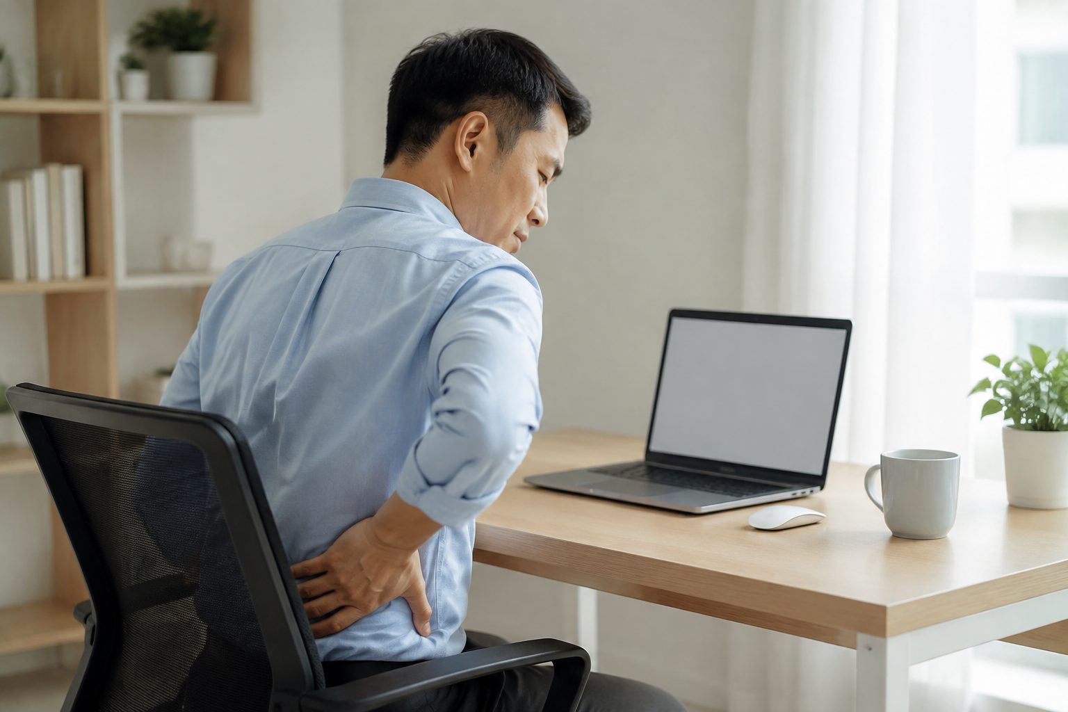Nhân viên văn phòng đặt tay ở vùng thắt lưng khi ngồi làm việc