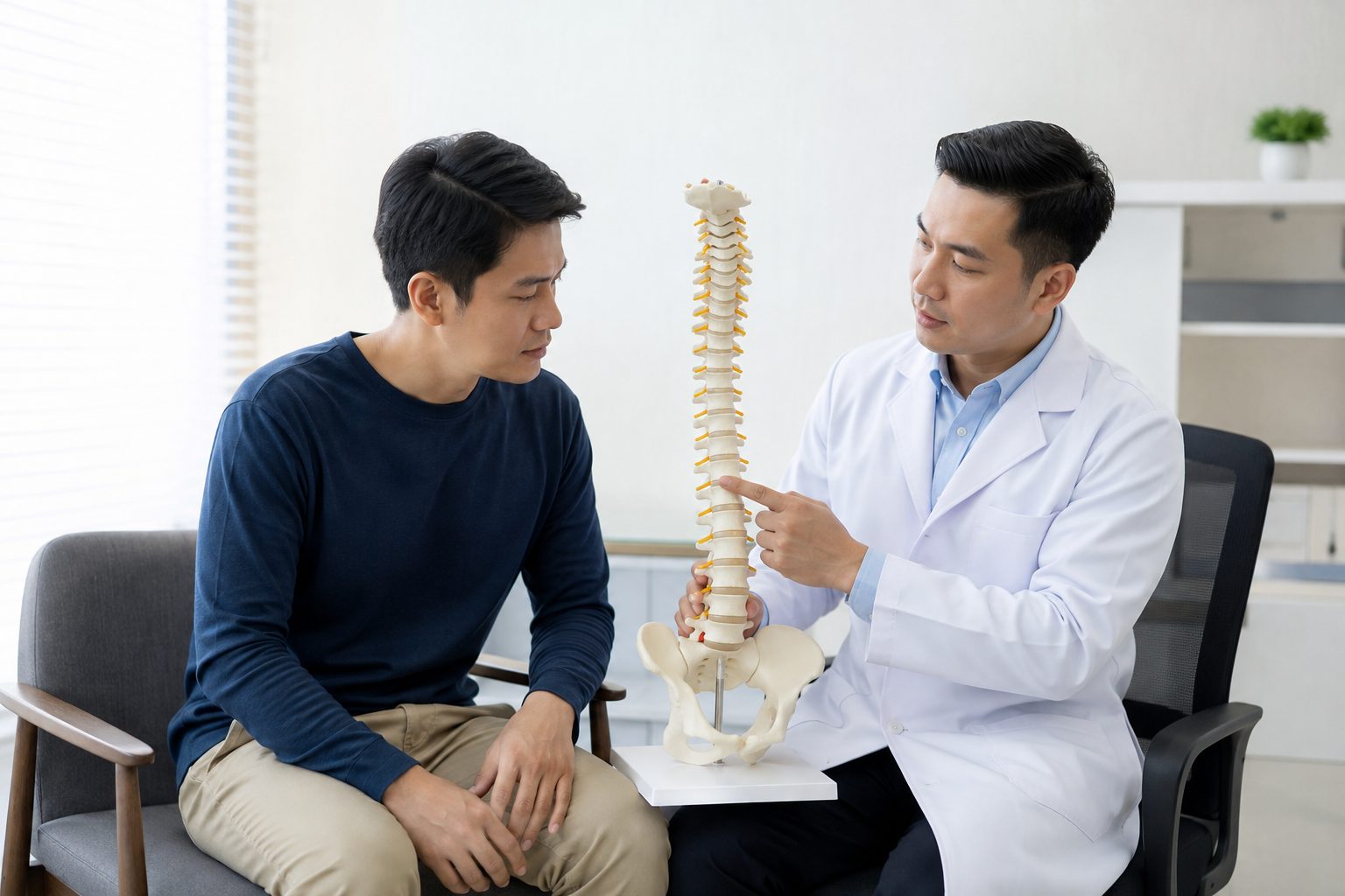 Người bệnh trao đổi với nhân viên y tế bên mô hình cột sống thắt lưng