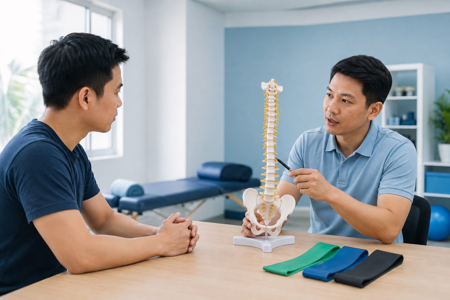Người trưởng thành trao đổi về Chiropractic và vật lý trị liệu bên mô hình cột sống