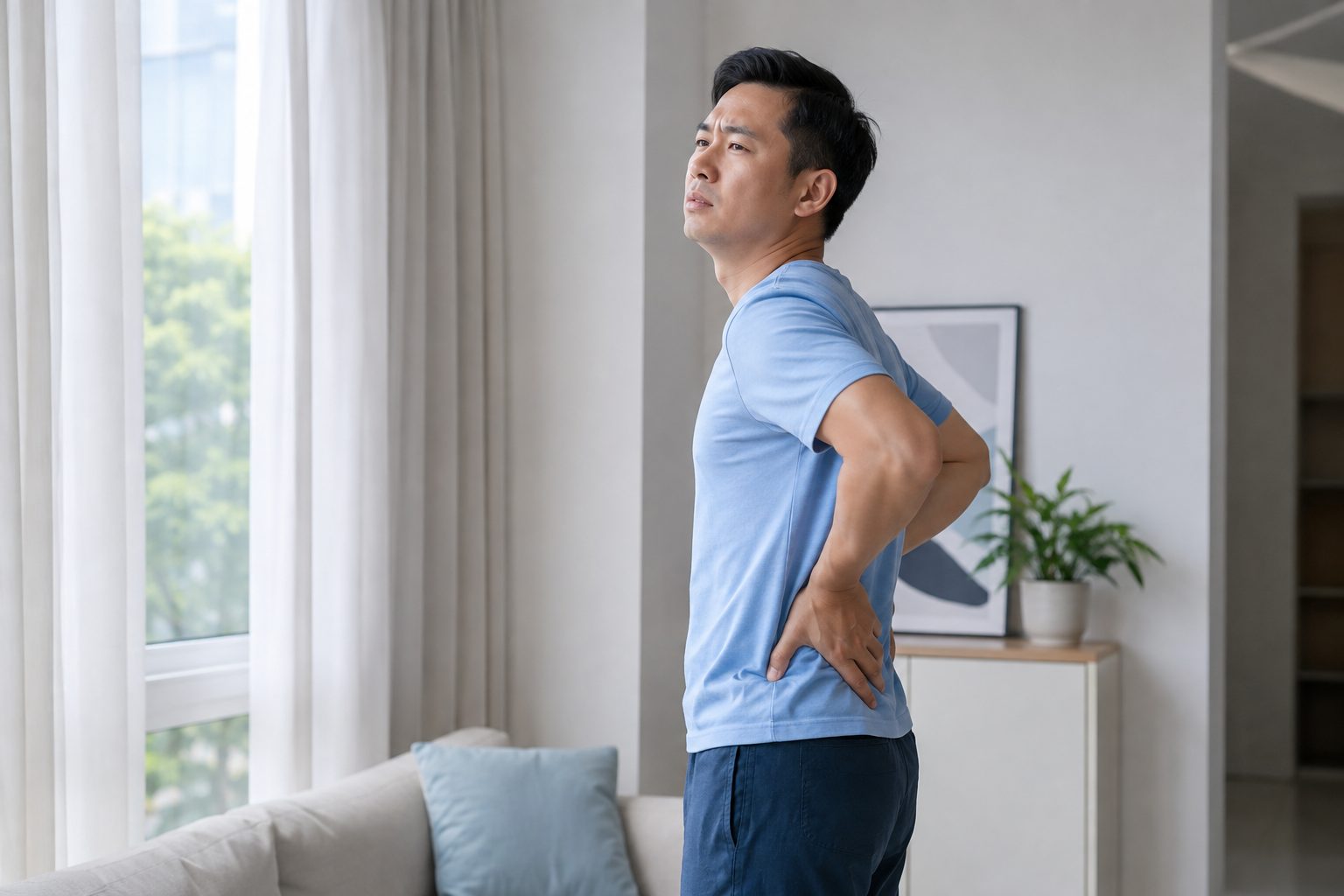 Người trưởng thành đặt tay ở vùng thắt lưng dưới khi cảm thấy khó chịu