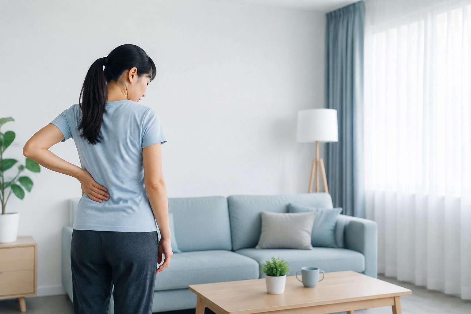Người trưởng thành đặt tay ở vùng lưng dưới bên trái khi cảm thấy khó chịu