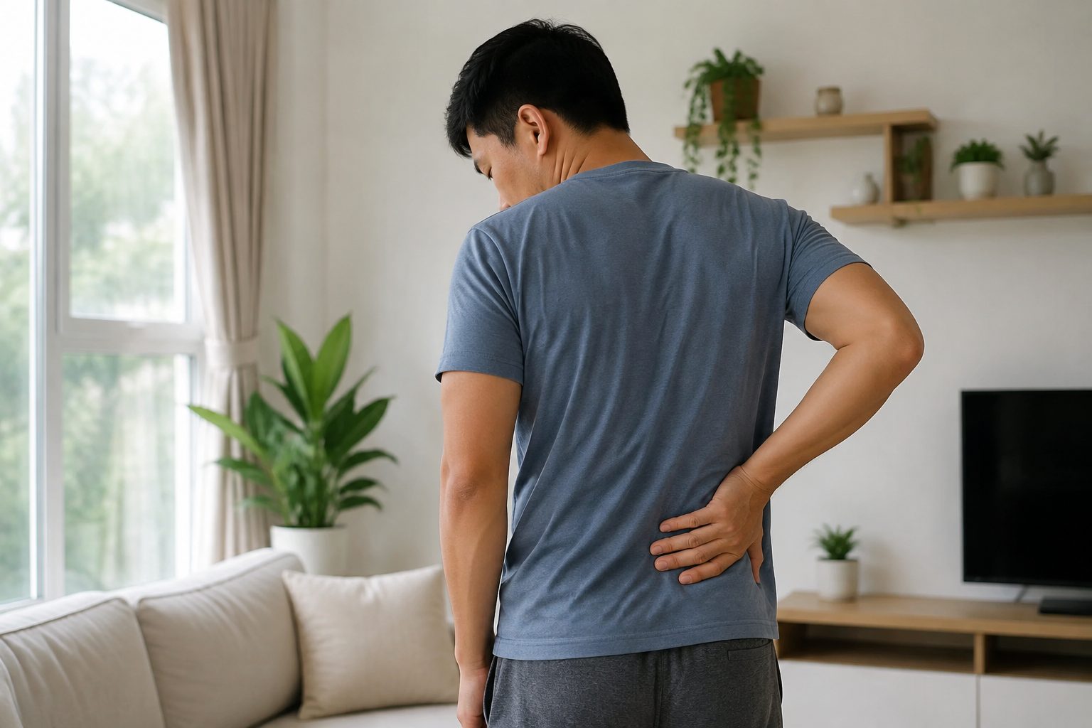 Người trưởng thành đặt tay ở vùng lưng dưới bên phải khi cảm thấy khó chịu