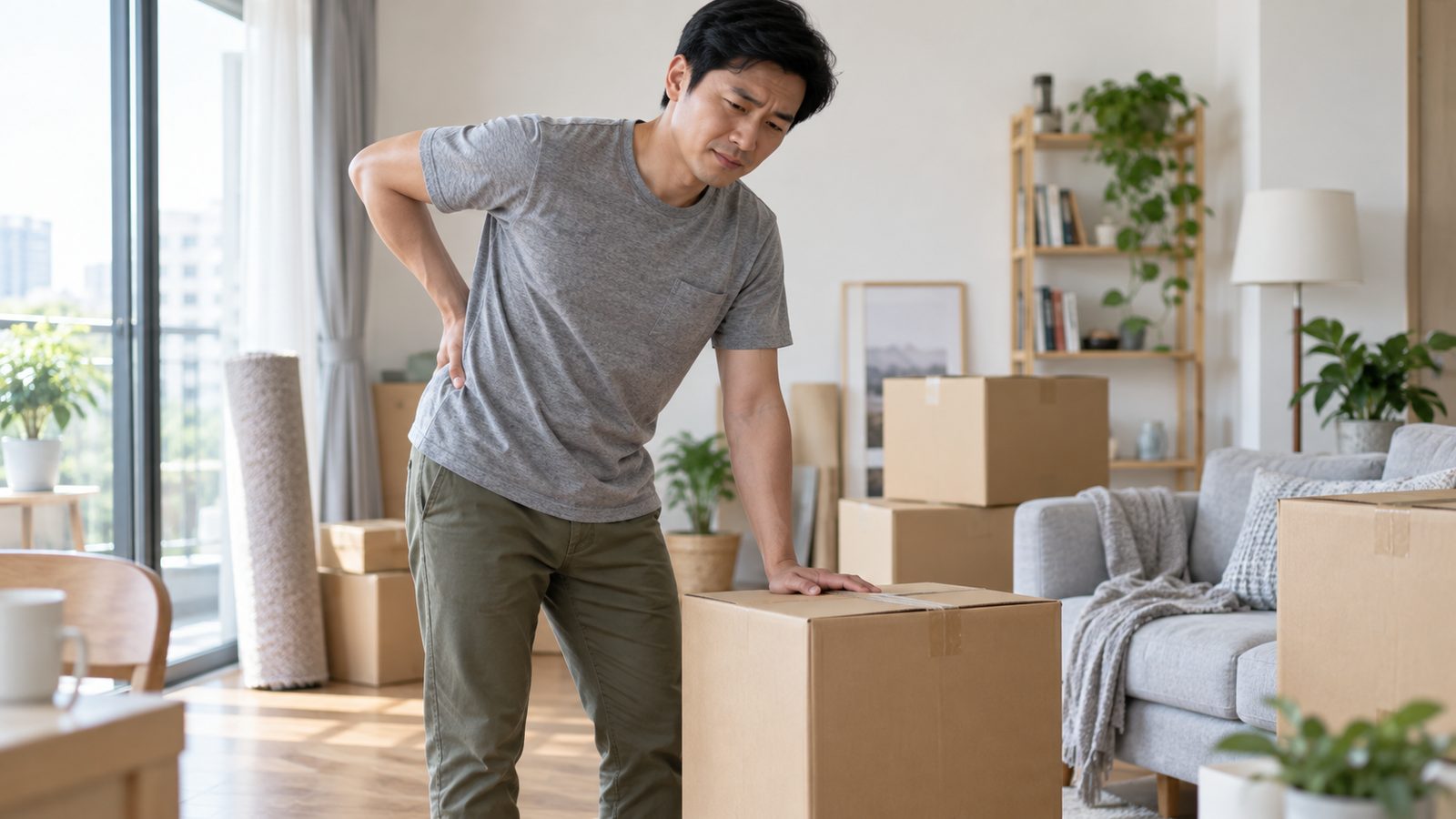 Người trưởng thành cảm thấy đau lưng nhẹ sau khi đặt thùng hàng xuống