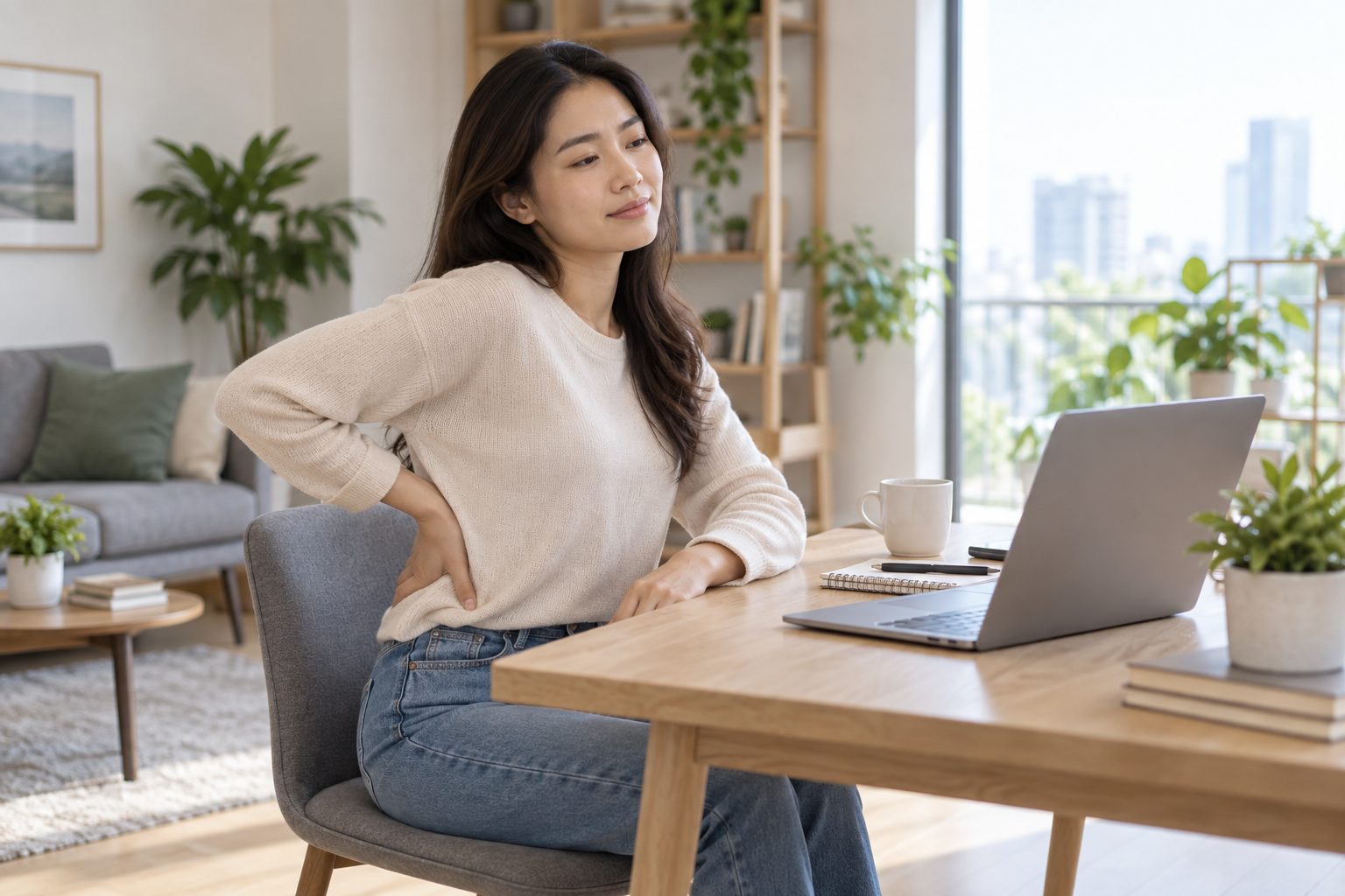 Người trẻ cảm thấy khó chịu nhẹ vùng thắt lưng khi làm việc tại bàn