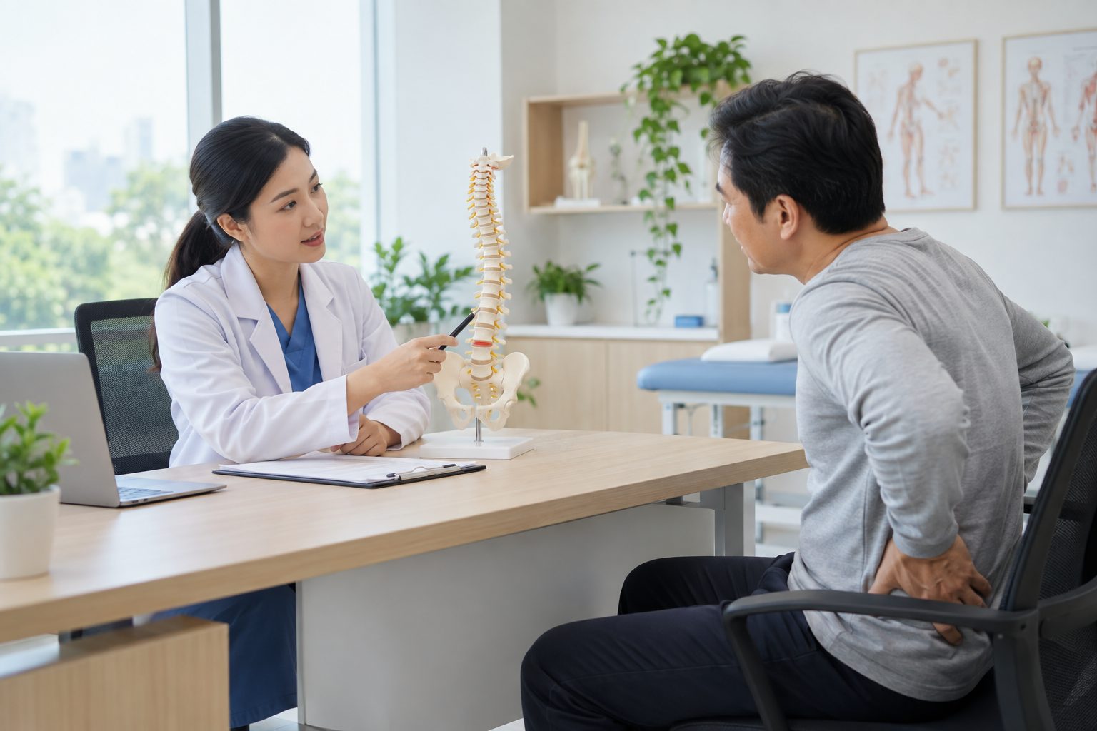 Nhân viên y tế trao đổi với người đau lưng bằng mô hình cột sống