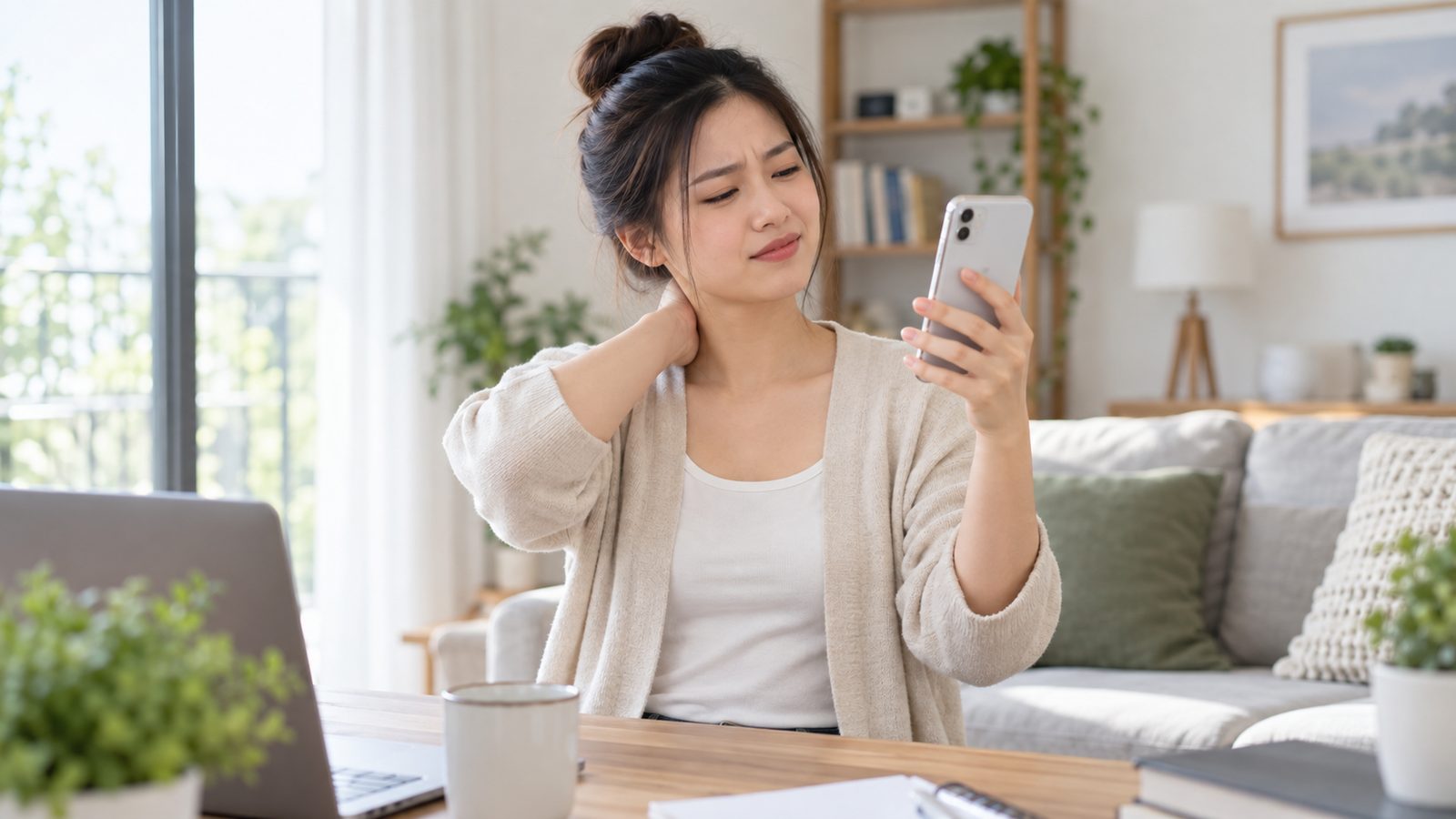 Người trưởng thành điều chỉnh vị trí điện thoại khi thấy mỏi cổ vai gáy