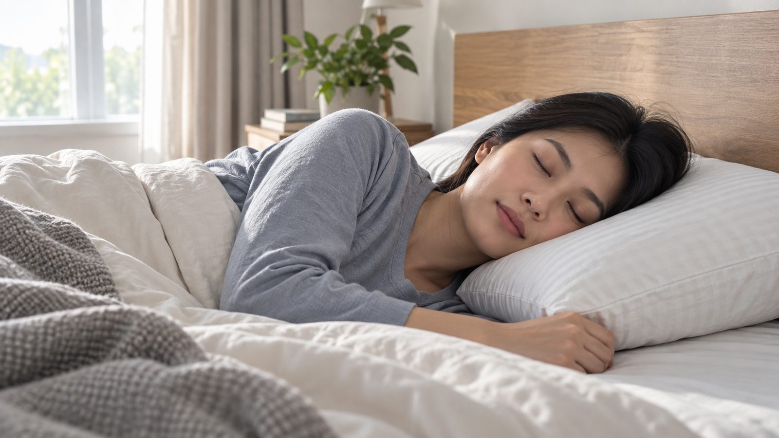 Người nằm nghiêng với đầu và cổ được gối nâng đỡ thẳng hàng