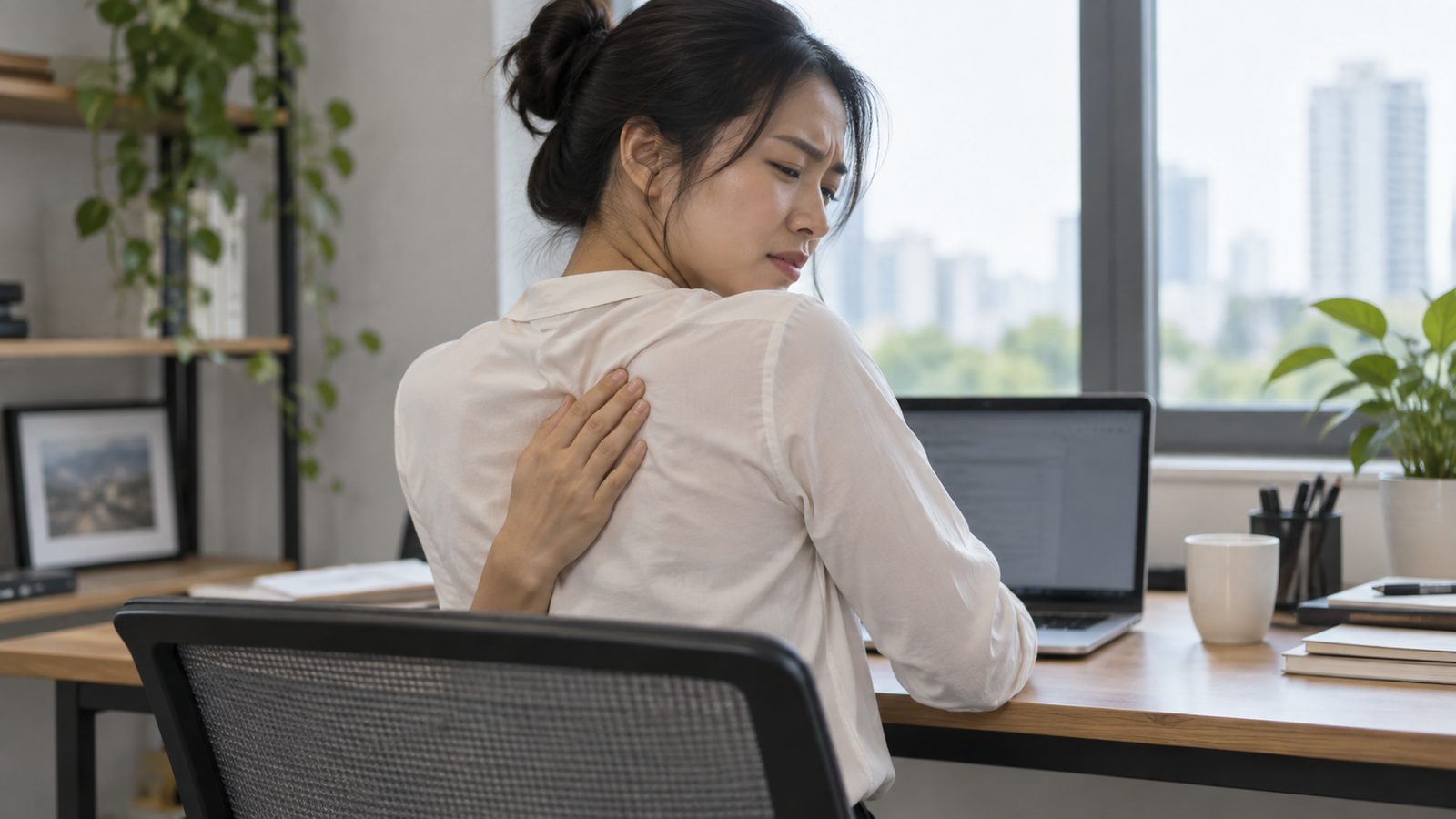 Nhân viên văn phòng chạm vùng bả vai khi cảm thấy đau mỏi