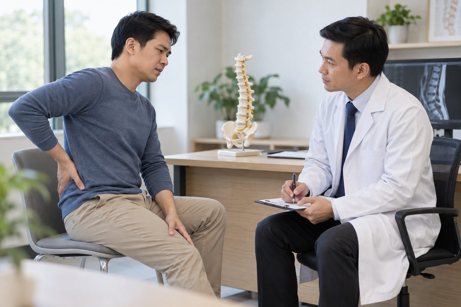 Người bệnh đau thắt lưng trao đổi triệu chứng với bác sĩ