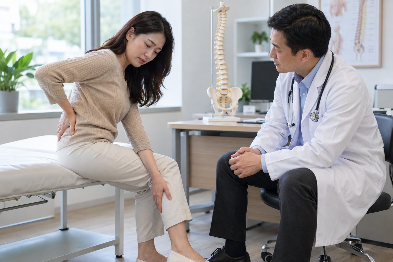 Người bệnh đau thắt lưng và chân trao đổi với bác sĩ
