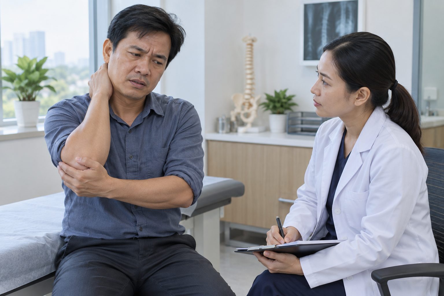 Người bệnh đau cổ lan cánh tay trao đổi với nhân viên y tế