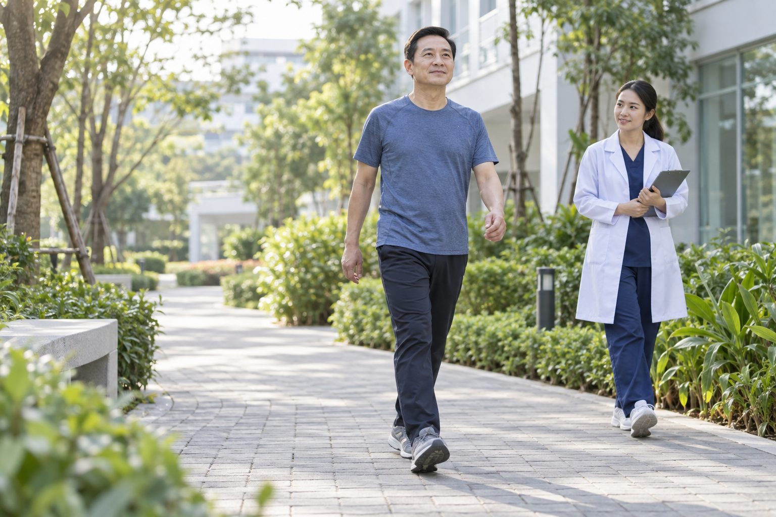 Người bệnh đi bộ nhẹ ngoài trời dưới sự quan sát của nhân viên y tế