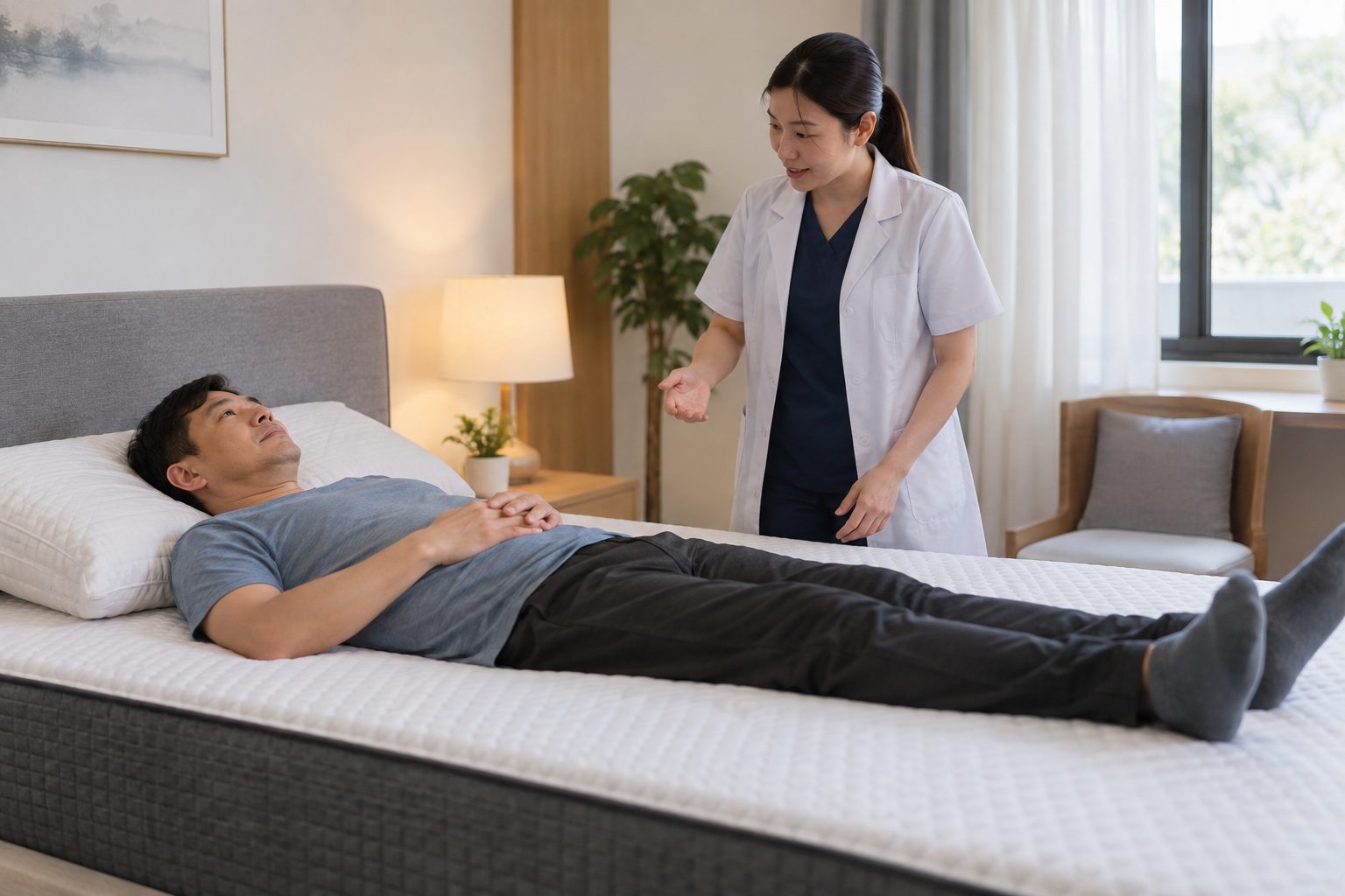 Người bệnh thử độ nâng đỡ của nệm khi đau lưng do thoát vị đĩa đệm