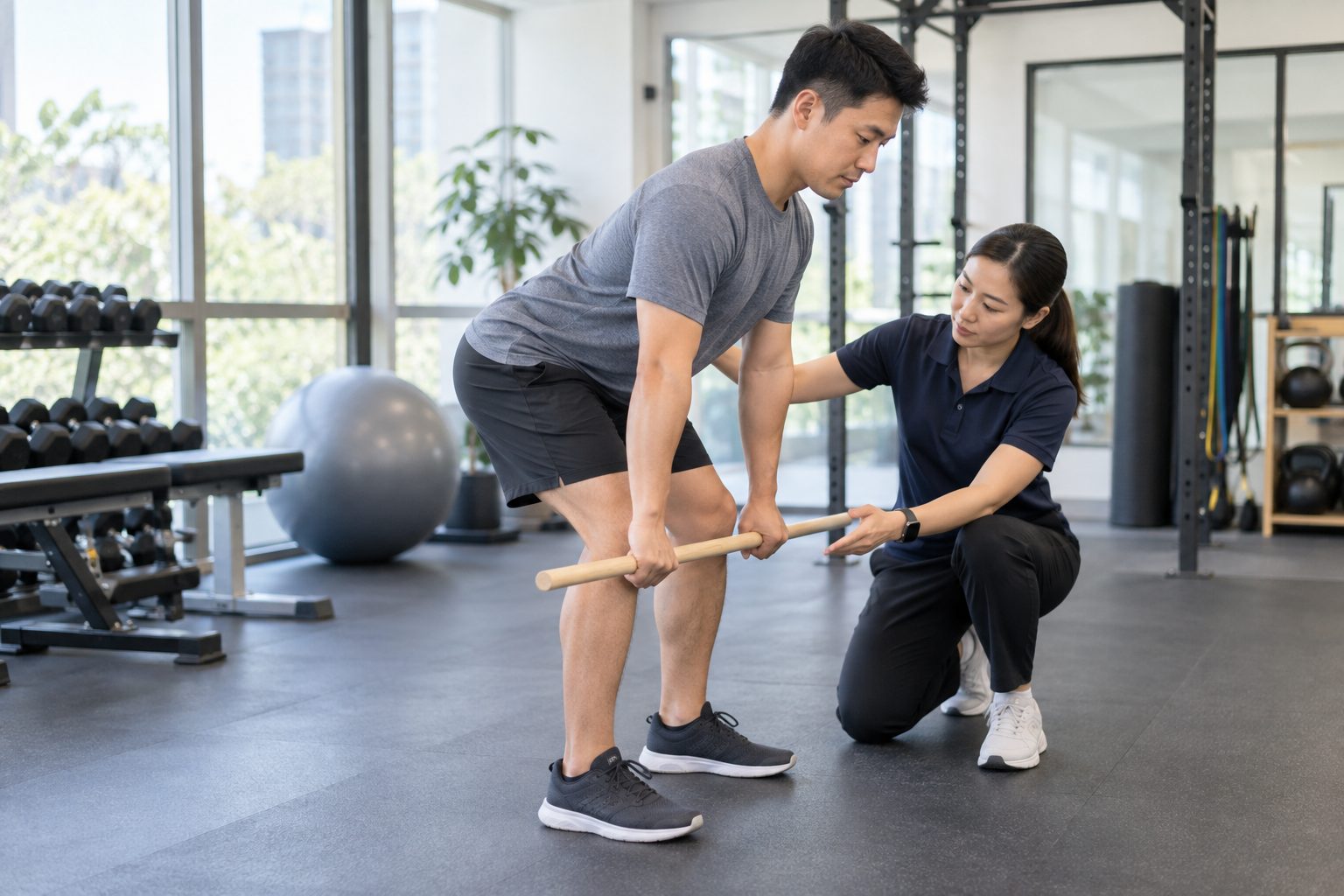 Người thoát vị đĩa đệm học động tác hip hinge có giám sát trước khi tập gym