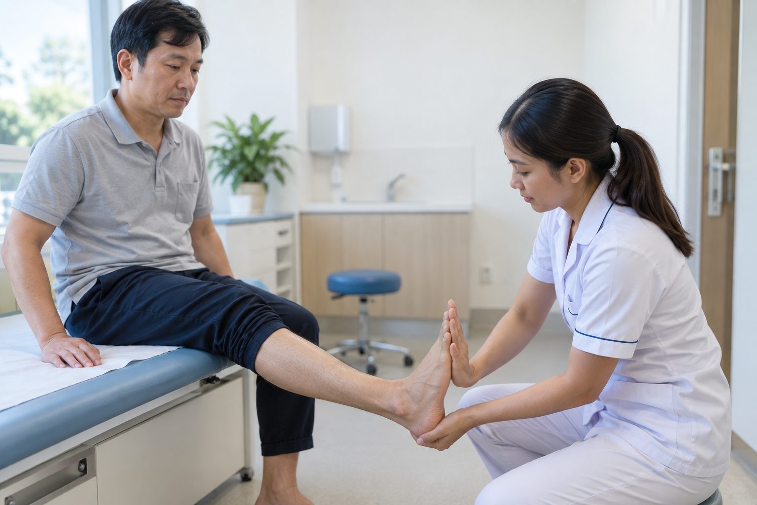 Nhân viên y tế kiểm tra sức mạnh nâng bàn chân khi nghi chèn ép rễ thần kinh