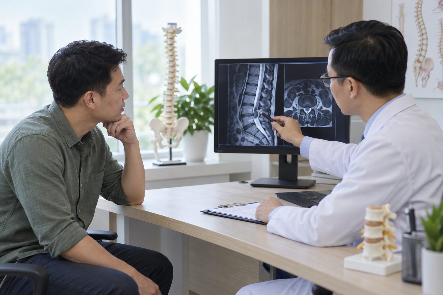 Bác sĩ trao đổi ảnh MRI cột sống với người bệnh thoát vị đĩa đệm