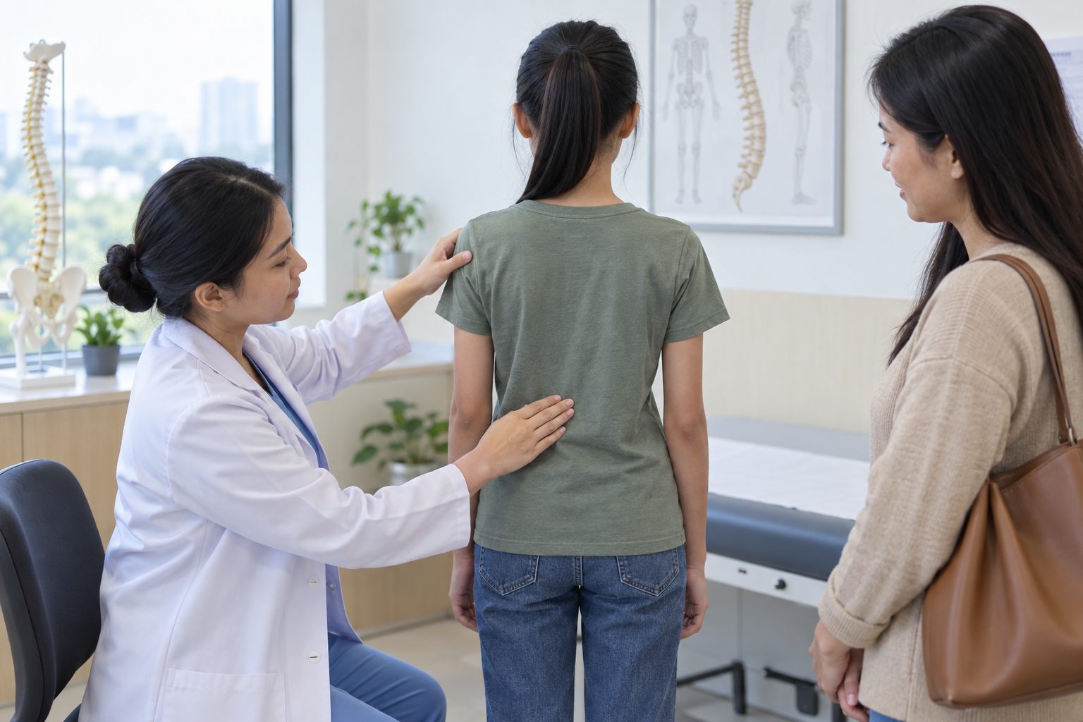 Nhân viên y tế quan sát độ cân xứng vai và lưng của trẻ