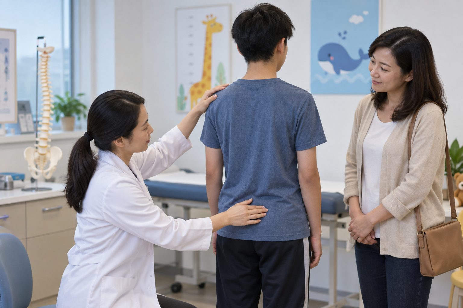 Nhân viên y tế kiểm tra độ cân xứng cột sống của thiếu niên