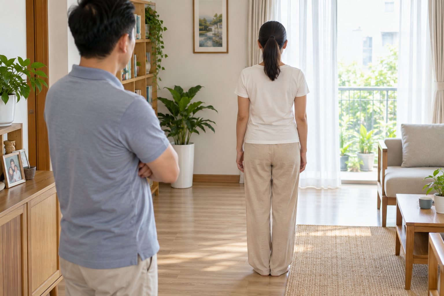 Một người đứng thẳng để người thân quan sát độ cân xứng hai vai