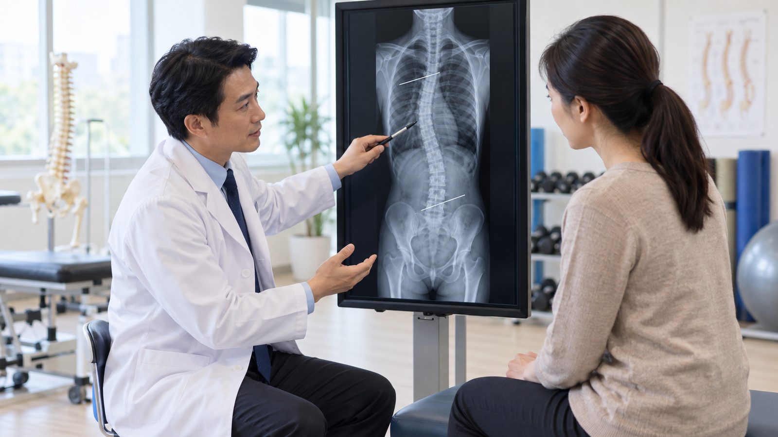Bác sĩ giải thích cách đo góc Cobb trên phim X-quang cột sống