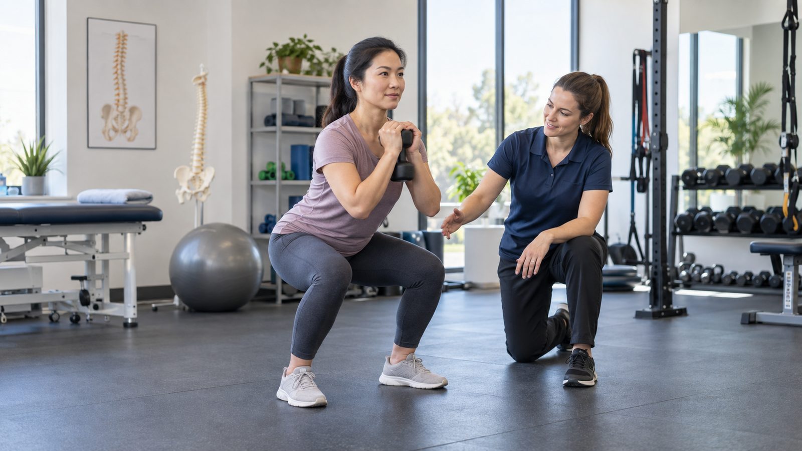 Người cong vẹo cột sống tập squat nhẹ dưới sự hướng dẫn của chuyên viên