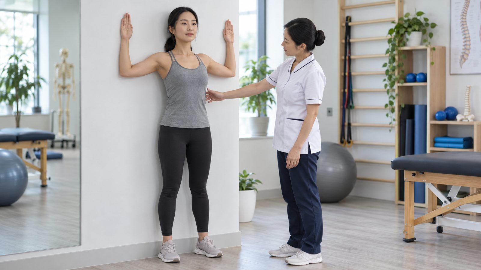 Người cong vẹo cột sống tập tư thế dựa tường cùng chuyên viên