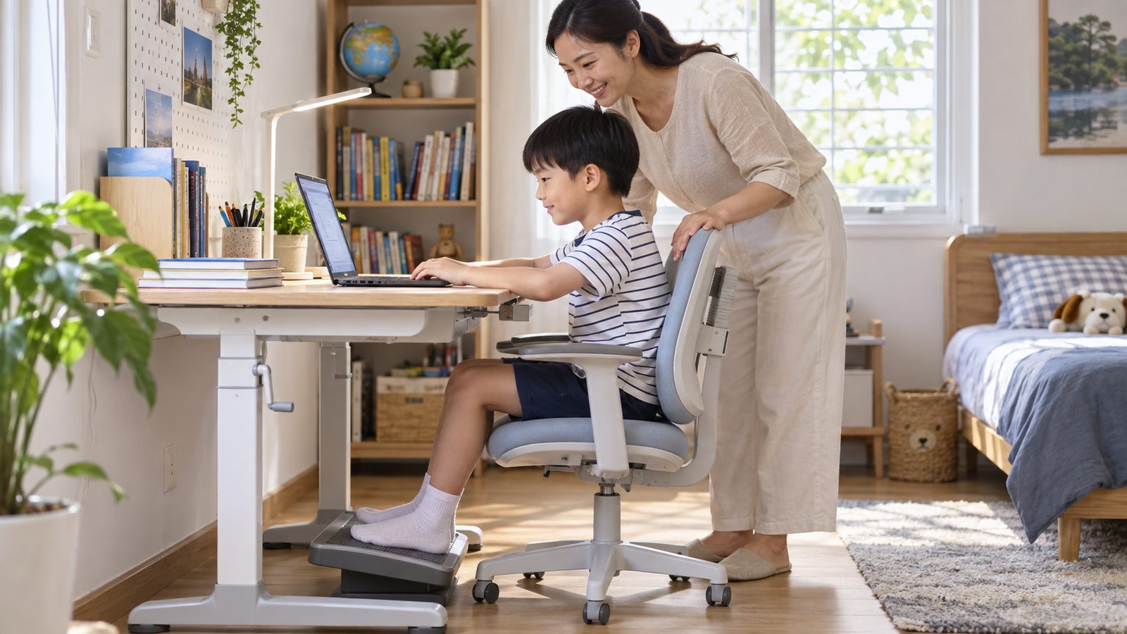 Phụ huynh điều chỉnh bàn ghế học tập phù hợp với chiều cao của trẻ