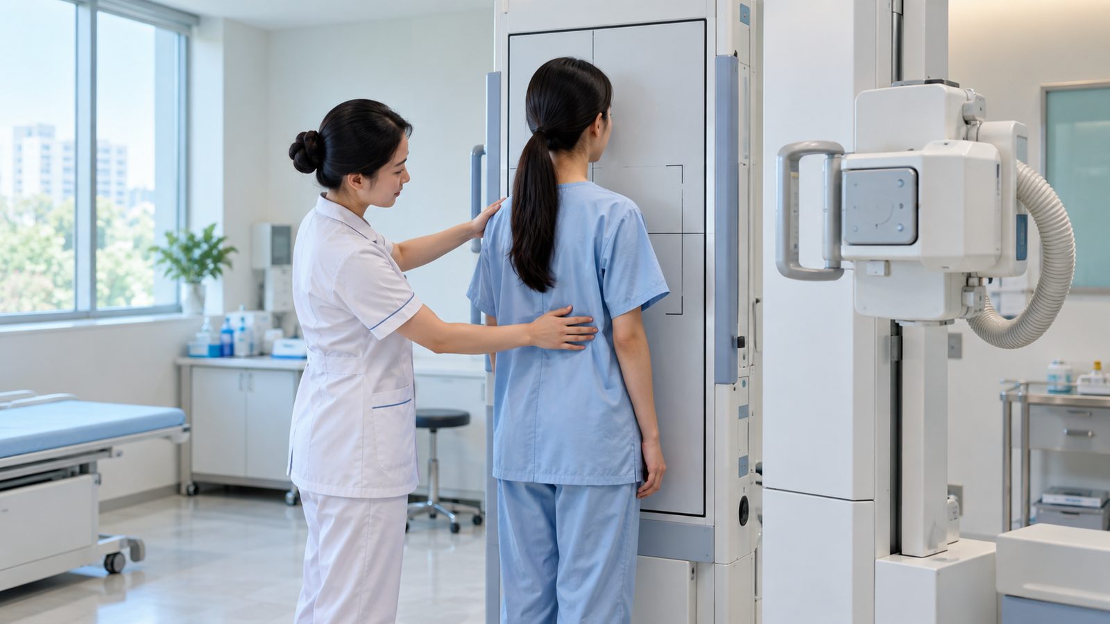 Kỹ thuật viên hướng dẫn người nghi vẹo cột sống đứng chụp X-quang