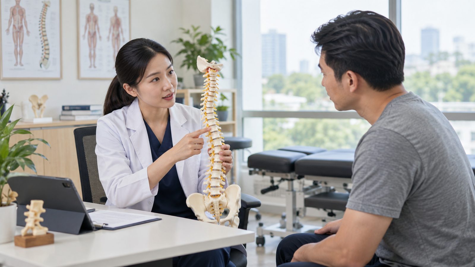 Chuyên viên giải thích mô hình cột sống trong buổi tư vấn Chiropractic
