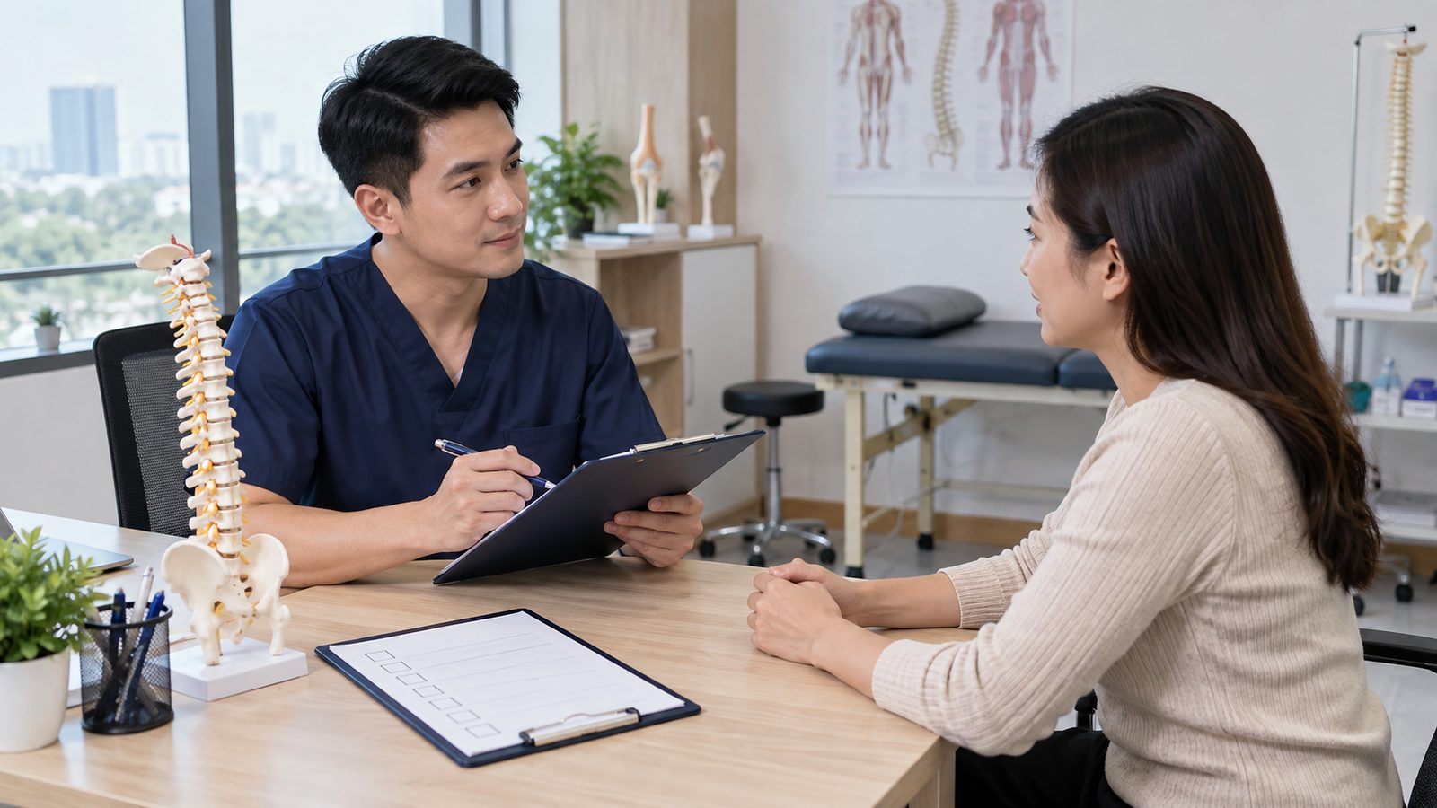 Chuyên viên hỏi bệnh và sàng lọc an toàn trước khi nắn chỉnh cột sống