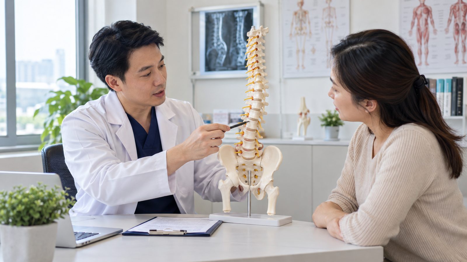 Chuyên viên giải thích cơ chế tiếng kêu ở khớp bằng mô hình cột sống