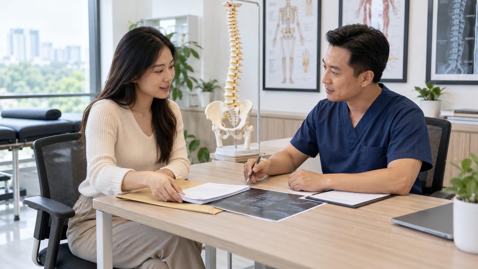 Người bệnh mang hồ sơ và danh sách thuốc đến buổi Chiropractic đầu tiên
