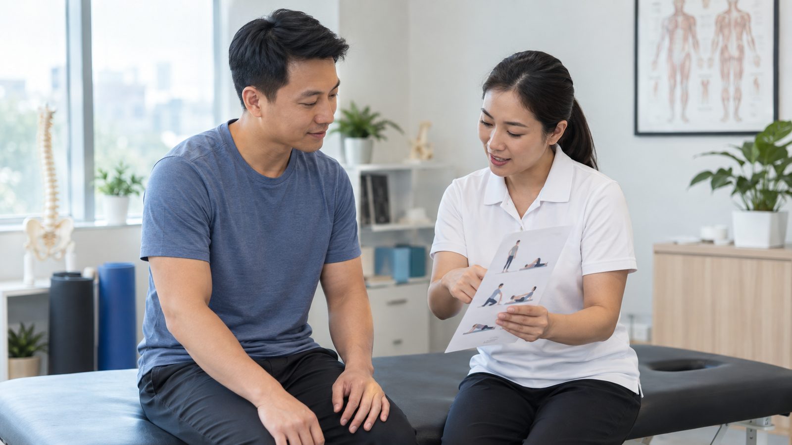 Người bệnh trao đổi kế hoạch chăm sóc sau buổi nắn chỉnh cột sống