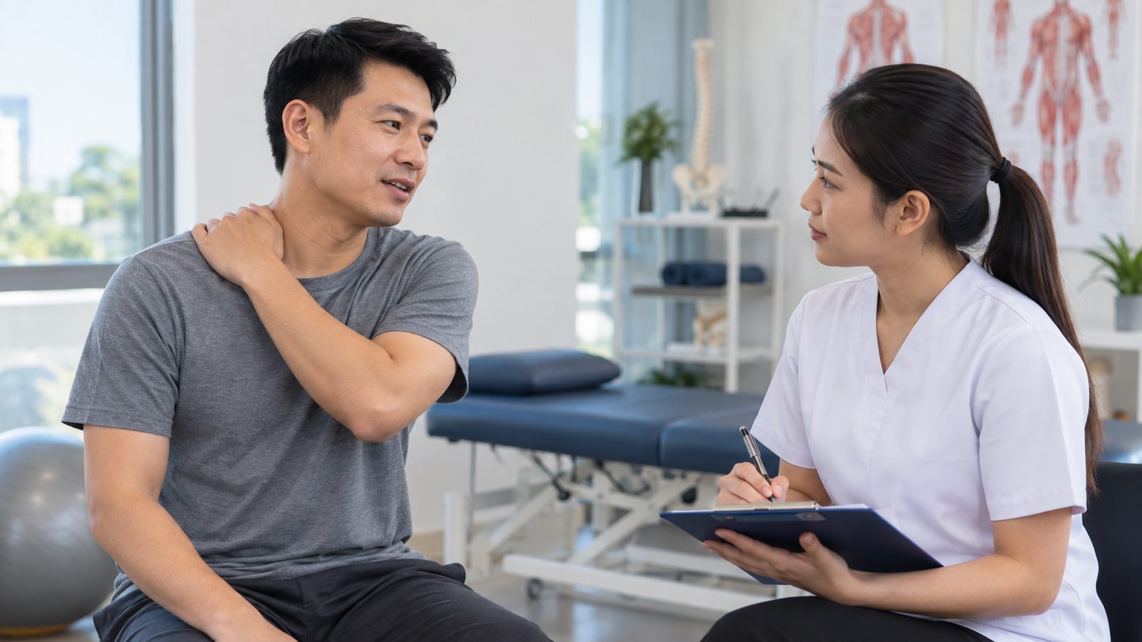 Người bệnh trao đổi về ê mỏi sau buổi nắn chỉnh cột sống