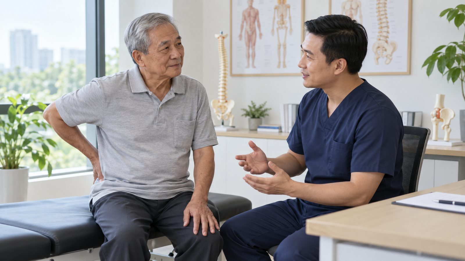 Người cao tuổi trao đổi với chuyên viên về đau lưng và khả năng vận động