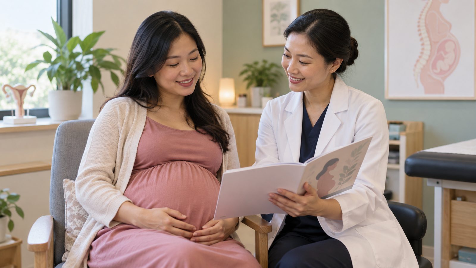 Phụ nữ mang thai trao đổi với chuyên viên y tế về đau lưng