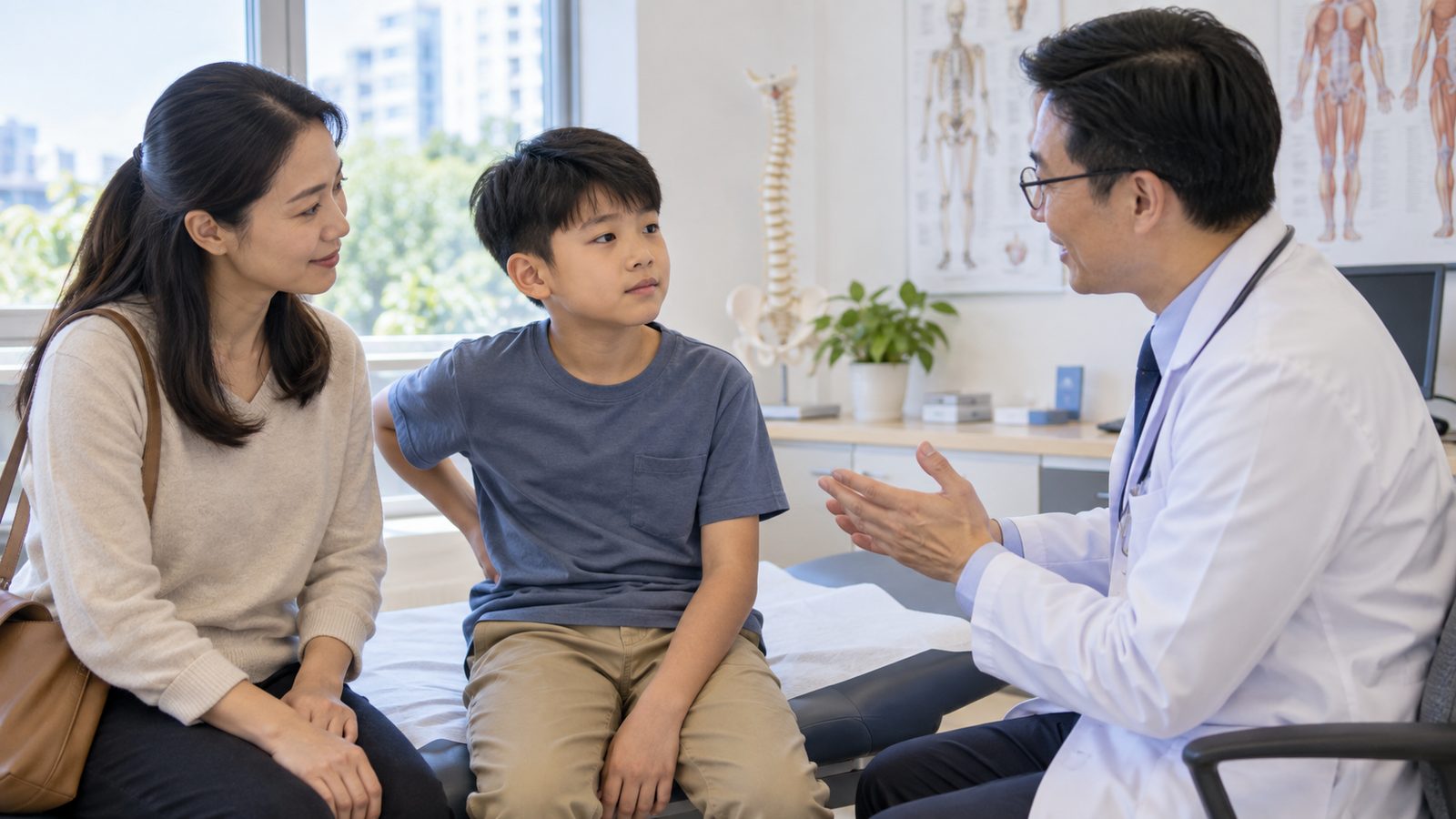 Trẻ và phụ huynh trao đổi với chuyên viên về đau lưng