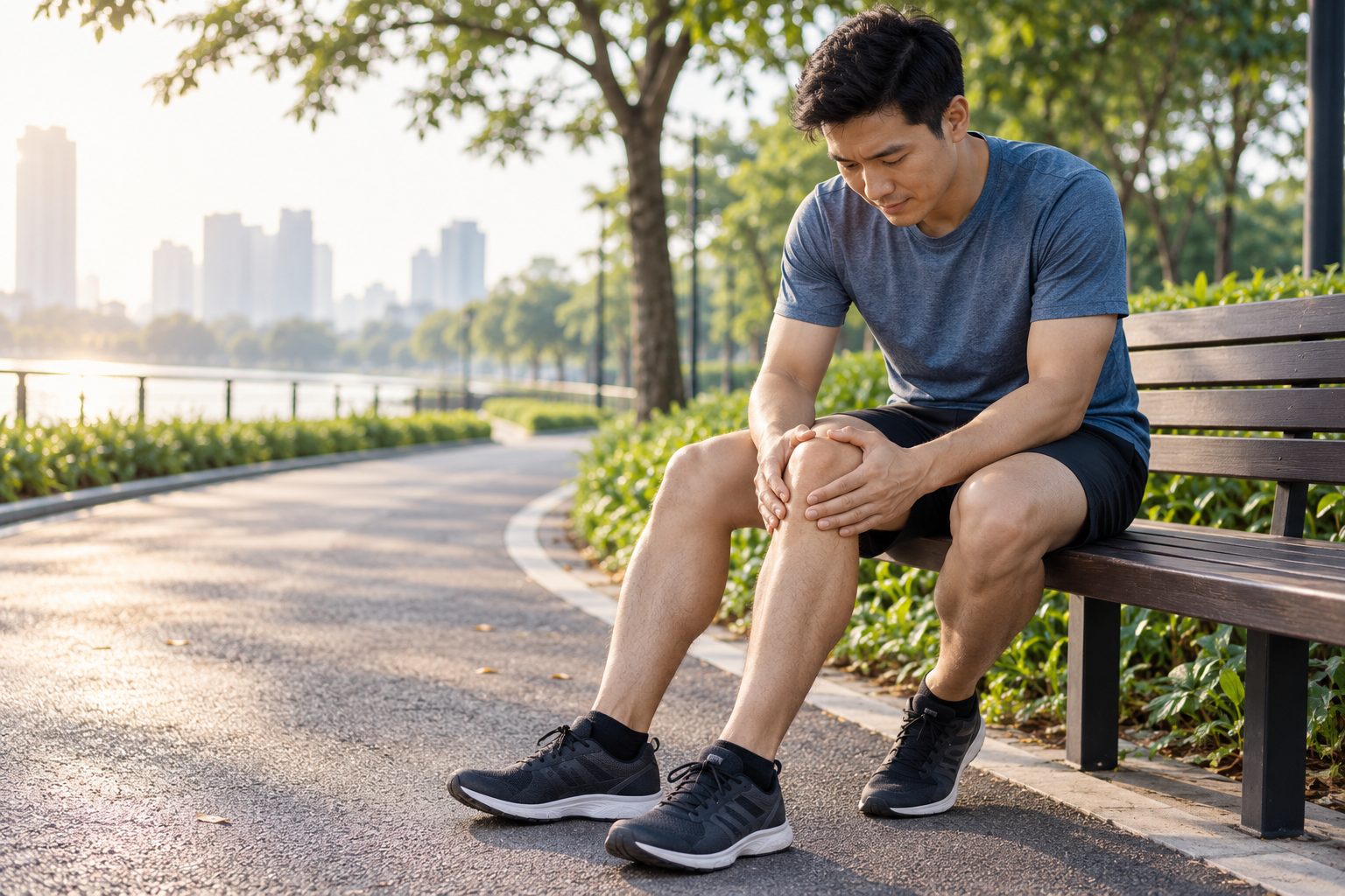 Người chạy bộ kiểm tra vùng đầu gối bị đau sau khi chạy