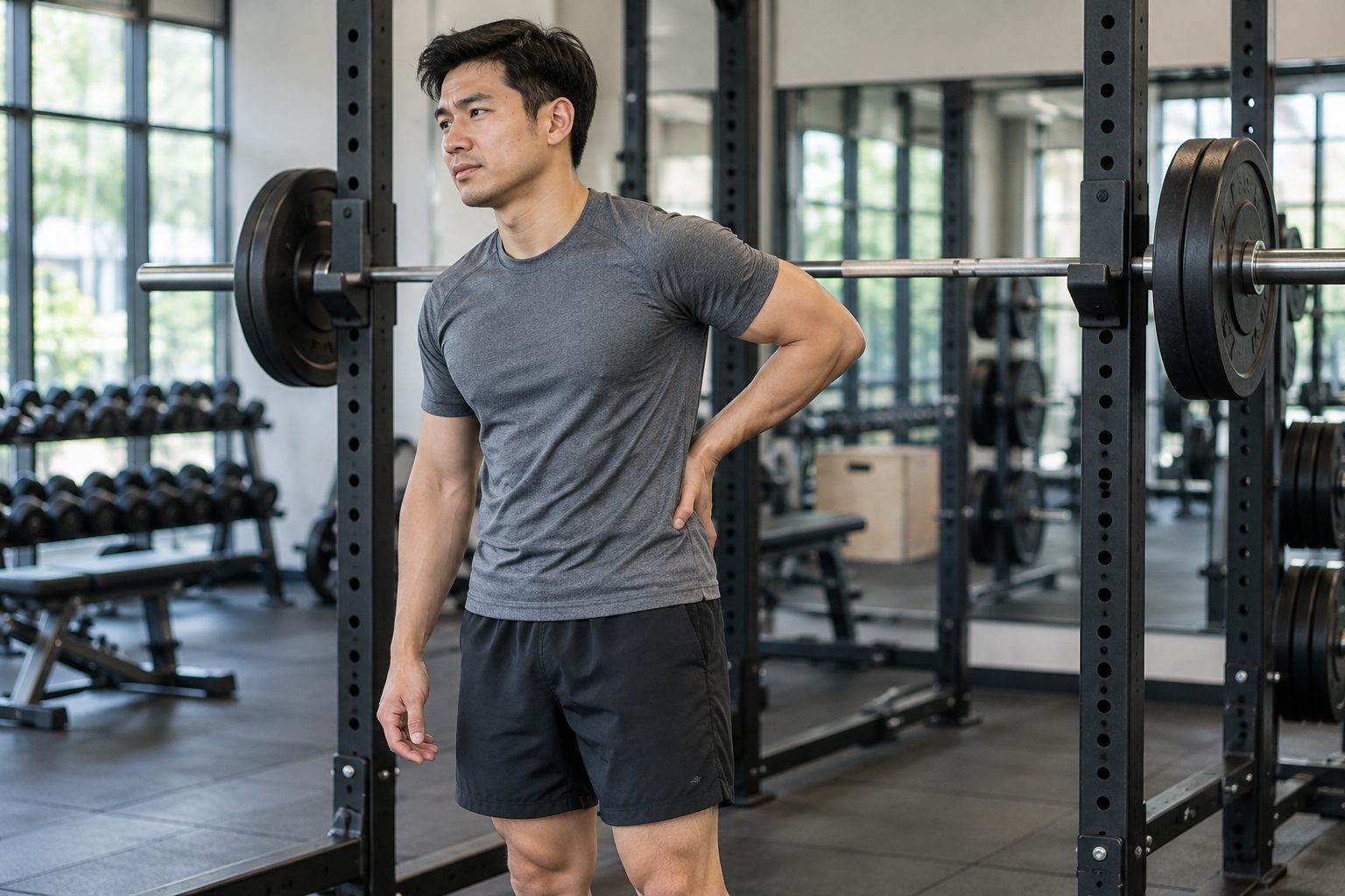 Người tập kiểm tra vùng lưng dưới sau bài squat trong phòng gym
