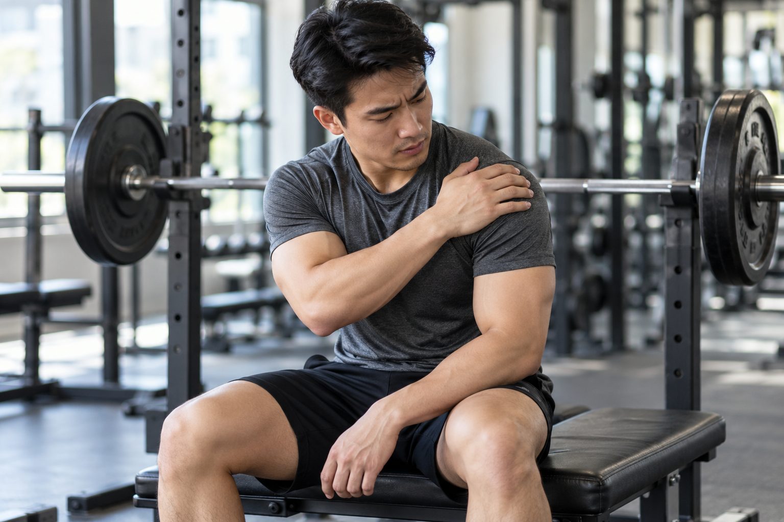 Người tập dừng bench press và kiểm tra vùng vai bị đau