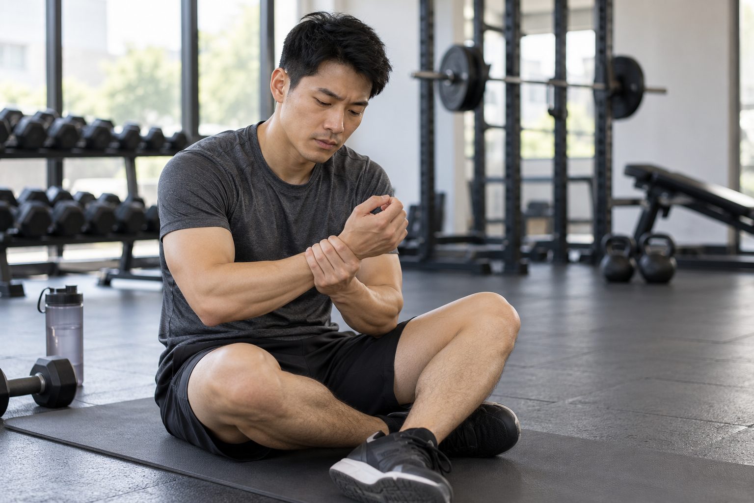 Người tập dừng chống đẩy và kiểm tra vùng cổ tay bị đau