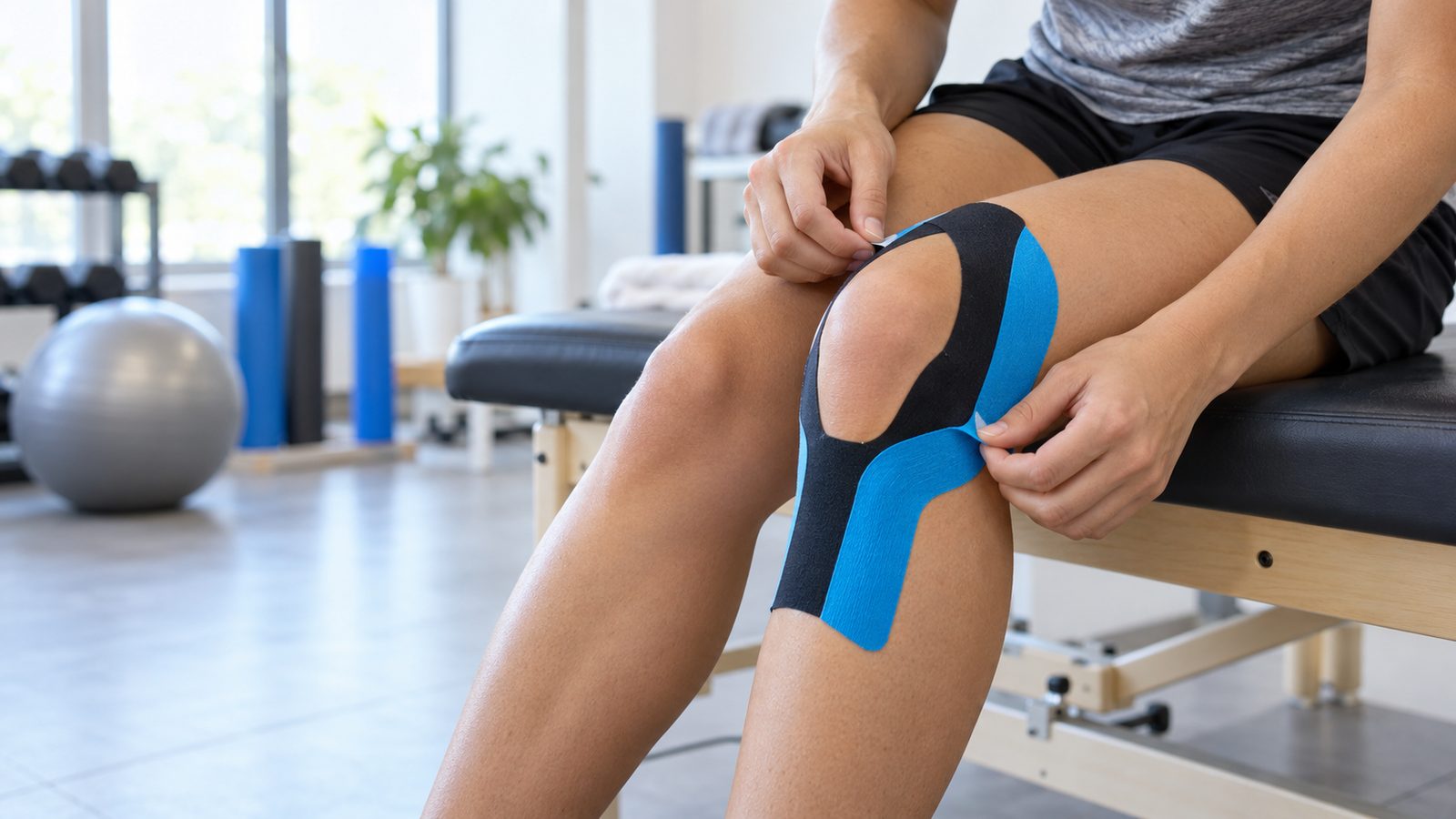 Người tập kiểm tra mép băng Kinesio quanh đầu gối