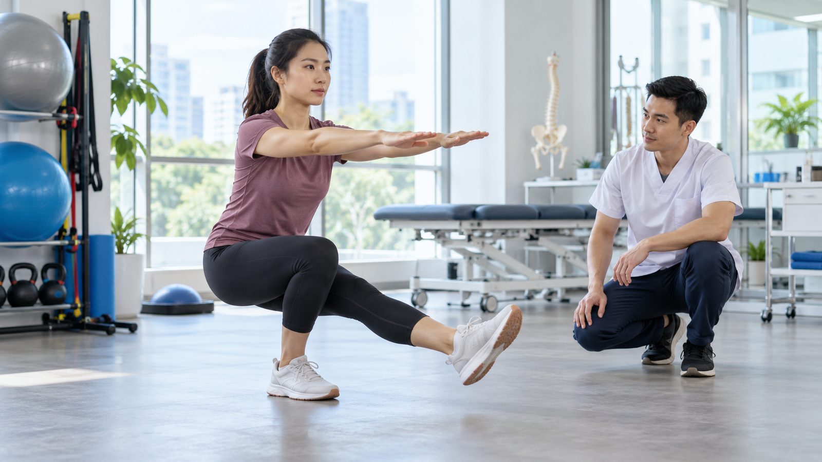 Người tập thực hiện bài kiểm tra một chân dưới sự quan sát của chuyên viên