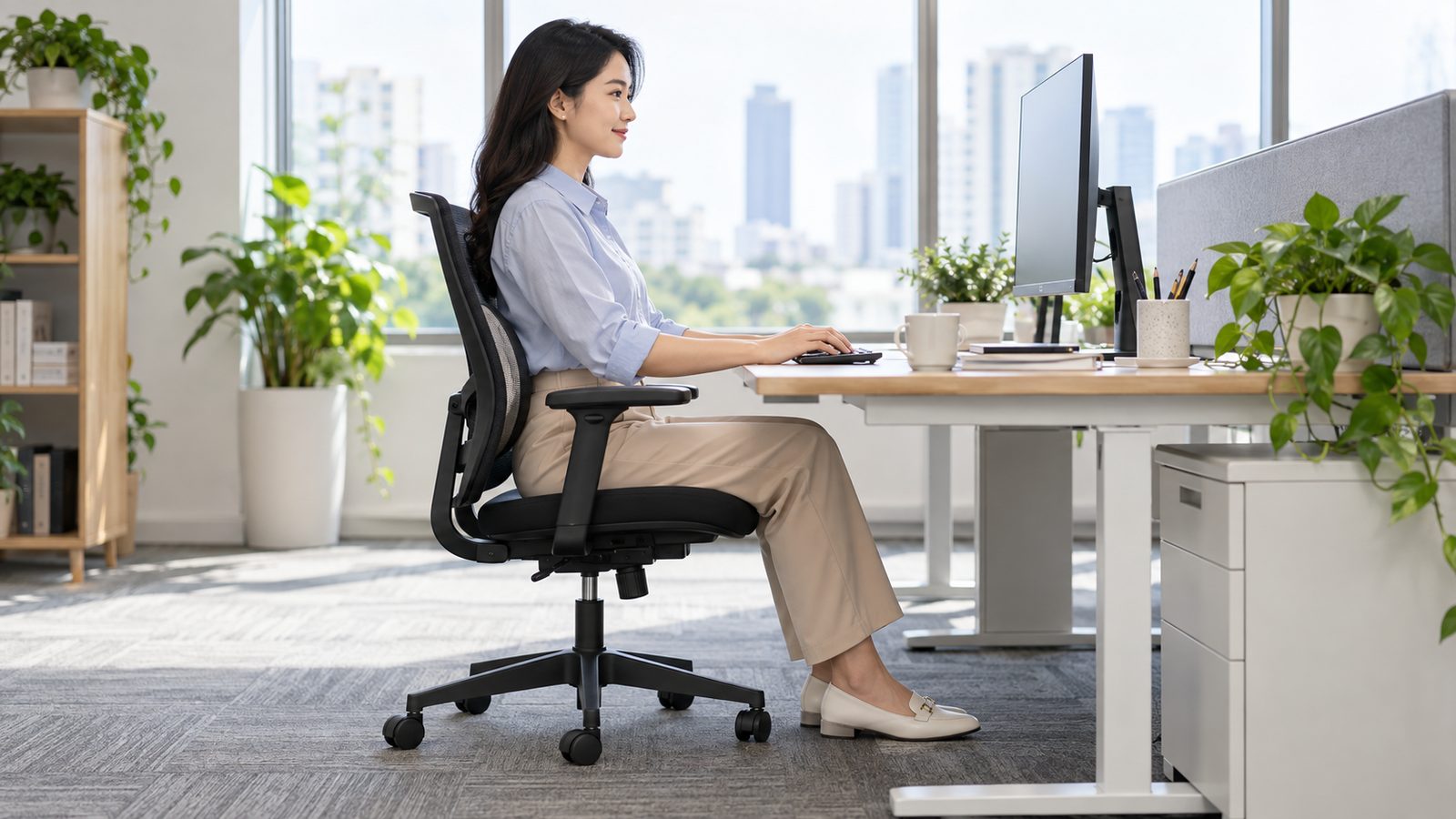 Nhân viên văn phòng ngồi máy tính với lưng và bàn chân được hỗ trợ